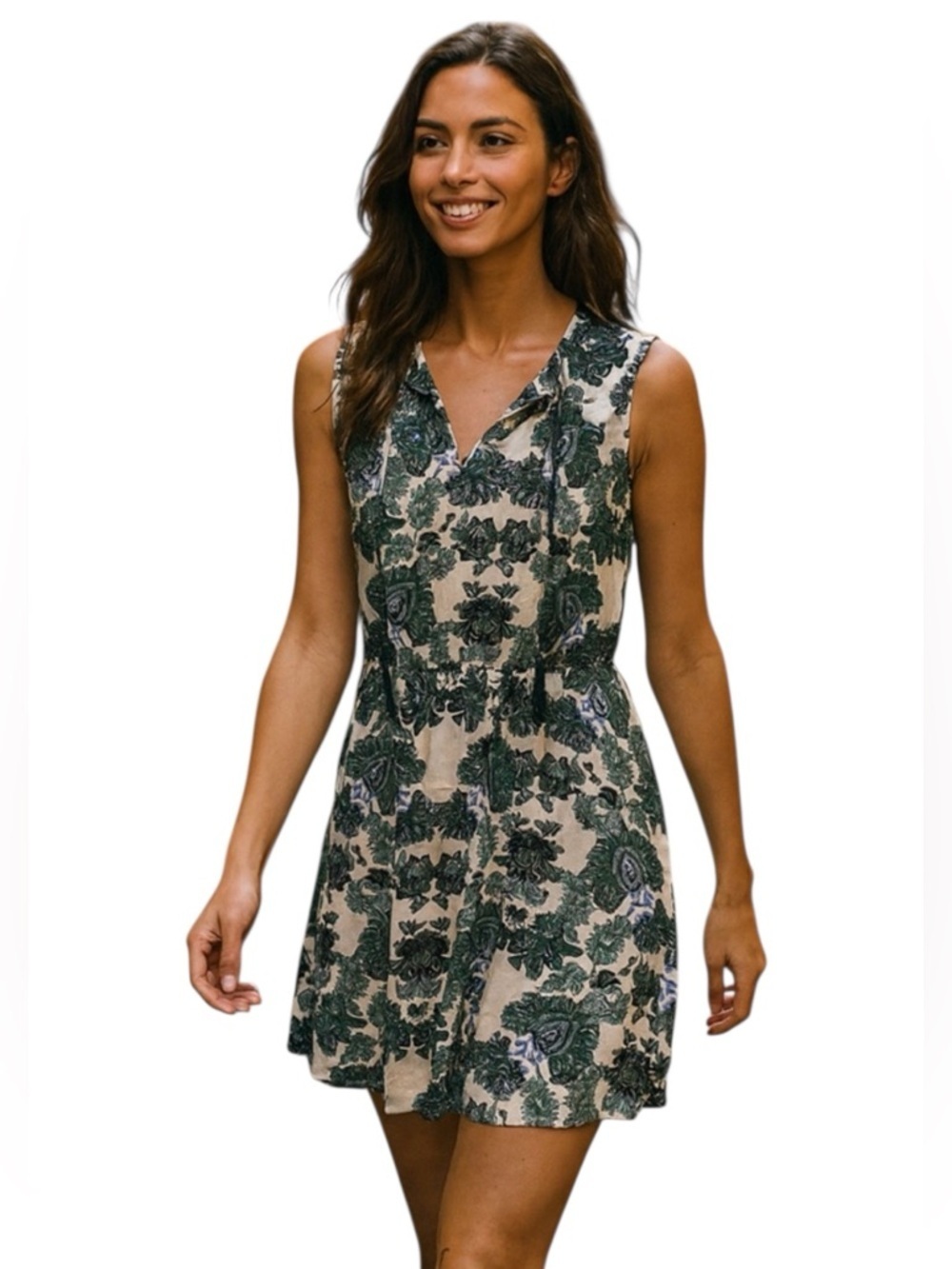 Collective Concepts Sleeveless Floral mini Dress Split Neck Tassels size medium